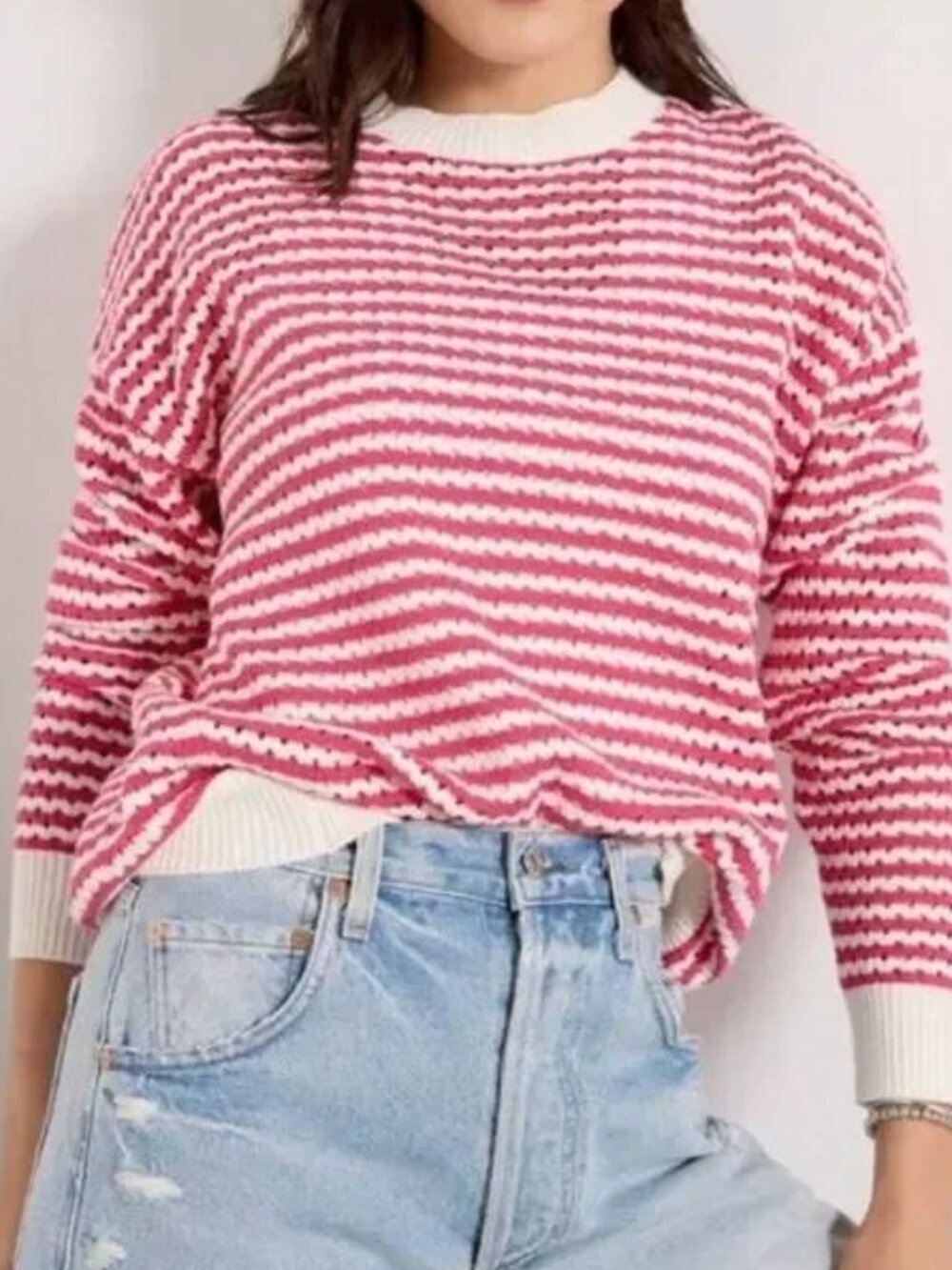 Spiritual Gangster Chunky Crew Neck Sweater pink and white stripe Medium